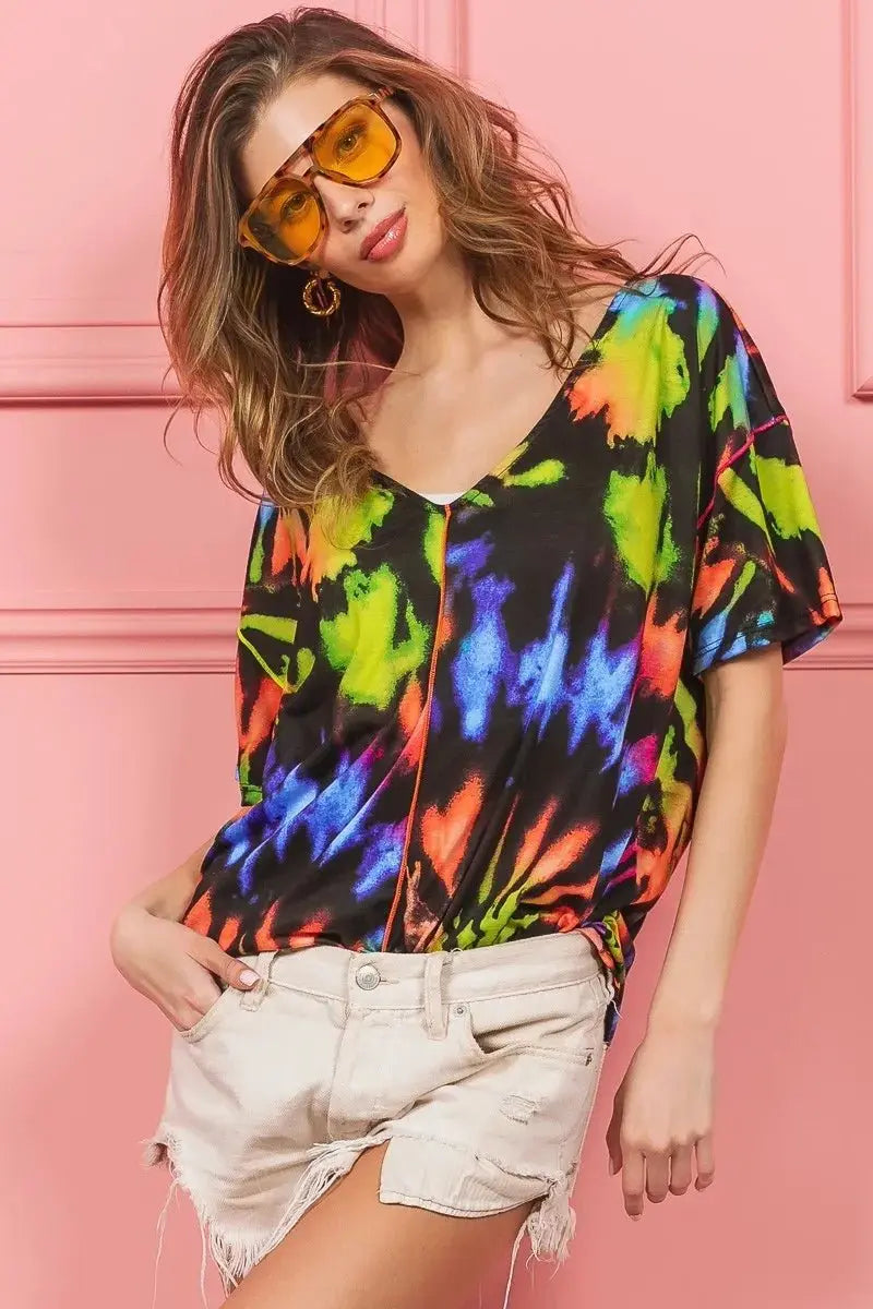 BiBi Tie Dye Print Jersey Stitched V Neck Top for Women - Love Salve